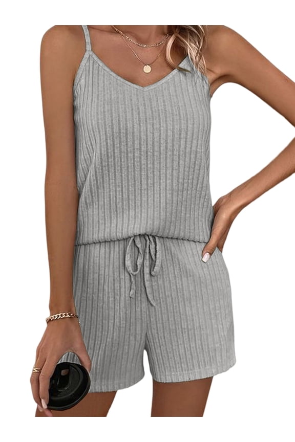 Womens Two Piece Short Sets Solid Color Ribbed Top and Shorts Two-Piece Set Gray L