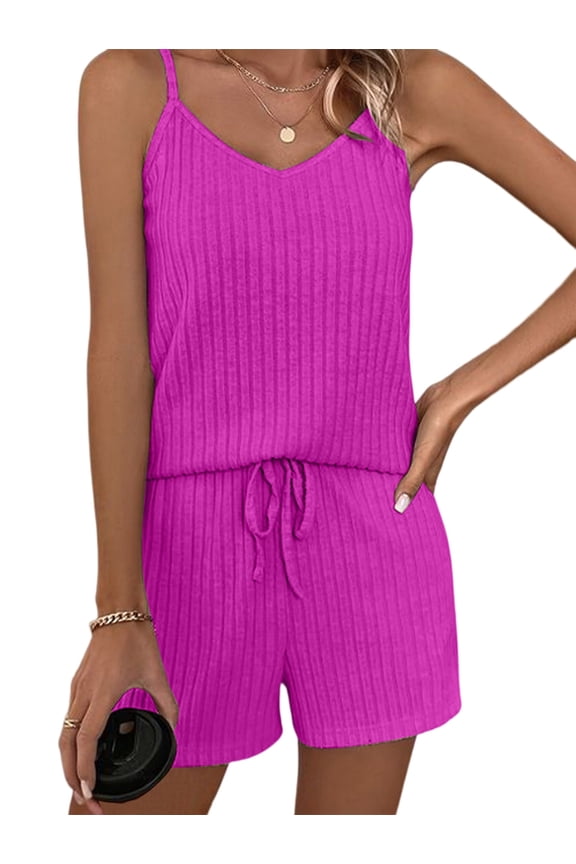 Womens Two Piece Short Sets Solid Color Ribbed Top and Shorts Two-Piece Set Rose Red XXL