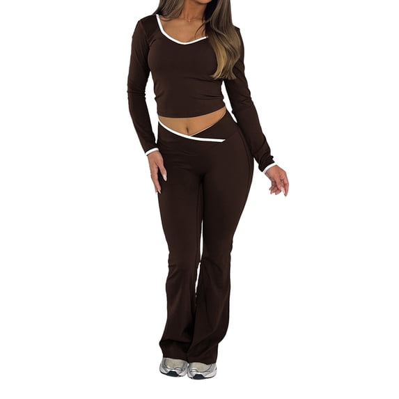 Jaimenalin Womens Workout Sets 2 Piece Gym Yoga Outfits Crossover Flare Leggings Brown XL