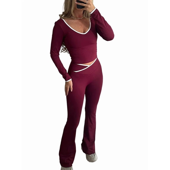Jaimenalin Womens Workout Sets 2 Piece Gym Yoga Outfits Crossover Flare Leggings Wine Red M