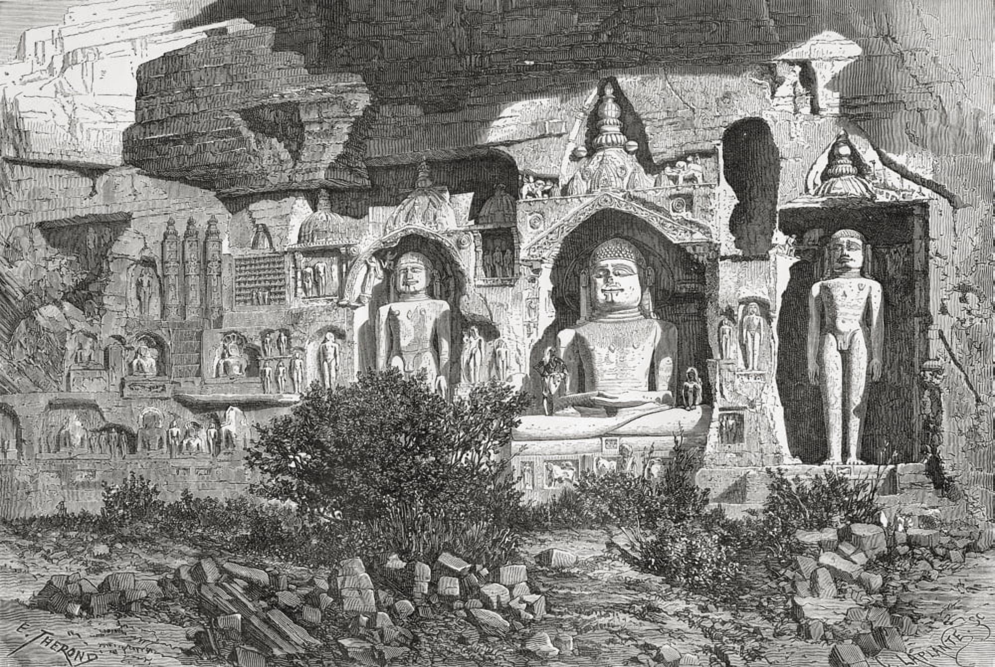 Jain Sculptures At The Gwalior Fort Madhya Pradesh India In The 19Th Century From El Mundo En La Mano Published 1878 Canvas Art - Ken Welsh Design Pics (17 x 12)