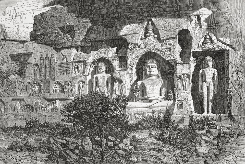 Jain Sculptures At The Gwalior Fort Madhya Pradesh India In The 19Th Century From El Mundo En La Mano Published 1878 Canvas Art - Ken Welsh Design Pics (34 x 24)