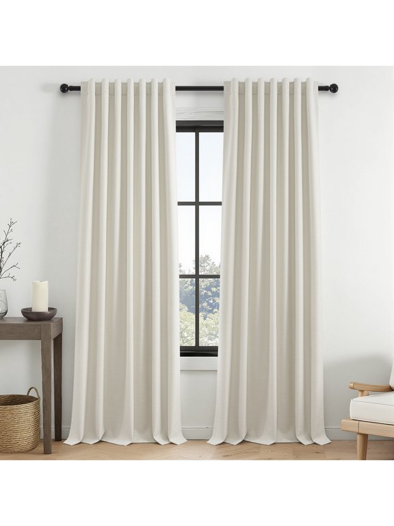 100% Blackout Flax Linen Curtains for Living Room, Rod Pocket & Back Tabs Light Blocking Thermal Insulated Bedroom Drapes ,52"x96",2 Panels,Beigewhite