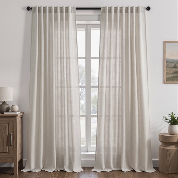 Jainmy Burlap Flax linen Semi Sheer Curtains, Thick Linen Textured Farmhouse Drape for Living Room Bedroom, Back Tab,2 Panel Set, Oatmeal, 52x90 inch