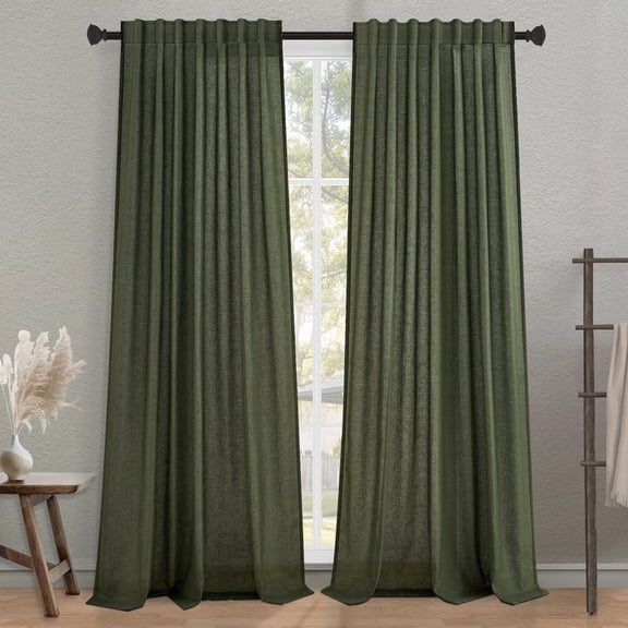 Jainmy Classic Flax Linen Blend Semi Sheer Curtains, Back Tab Drapes for Living Room Bedroom Dining Farmhouse, 52"x90", 2 Panels, Olive Green