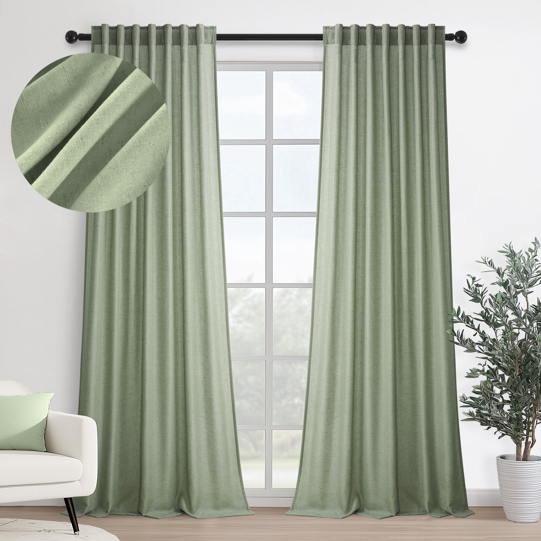 Jainmy Sage Green Linen Semi Sheer Curtains 90 Inches Long 2 Panels Set, Light Filtering Farmhouse Curtain Drapes for Living Room Bedroom,52"x90"