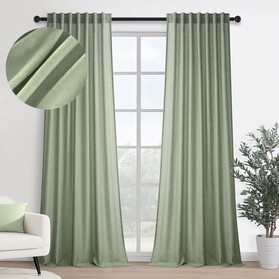 Jainmy Classic Flax Linen Blend Semi Sheer Curtains, Back Tab Drapes for Living Room Bedroom Dining Farmhouse, 52"x90", 2 Panels, Sage Green