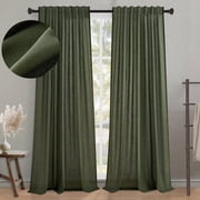 Jainmy Classic Flax Linen Blend Semi Sheer Curtains, Back Tab Drapes for Living Room Bedroom Dining Farmhouse, 52"x94", 2 Panels, Olive Green