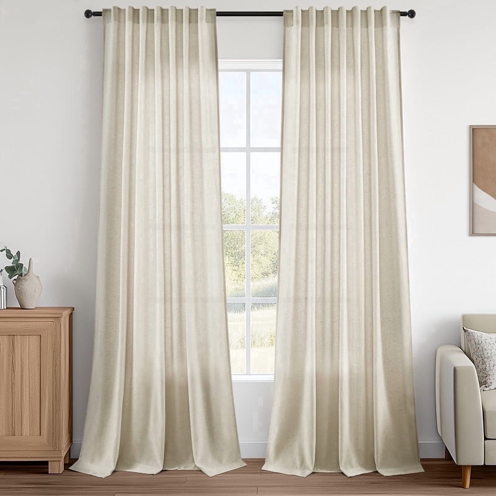 Jainmy Oatmeal 96 Inch Long Linen Semi Sheer Curtains 2 Panel Set,Light Filtering Curtain Window Curtains Drapes for Living Room Bedroom,52"x96"