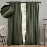 Jainmy Classic Flax Linen Blend Semi Sheer Curtains, Back Tab Drapes for Living Room Bedroom Dining Farmhouse, 52"x96", 2 Panels, Olive Green