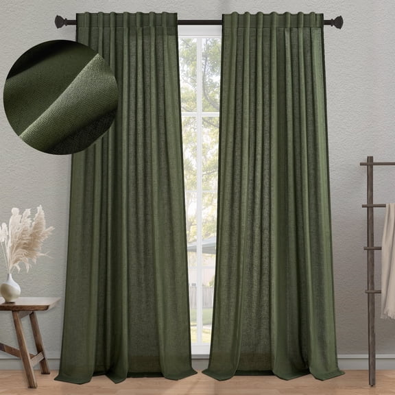 Jainmy Classic Flax Linen Blend Semi Sheer Curtains, Back Tab Drapes for Living Room Bedroom Dining Farmhouse, 52"x96", 2 Panels, Olive Green