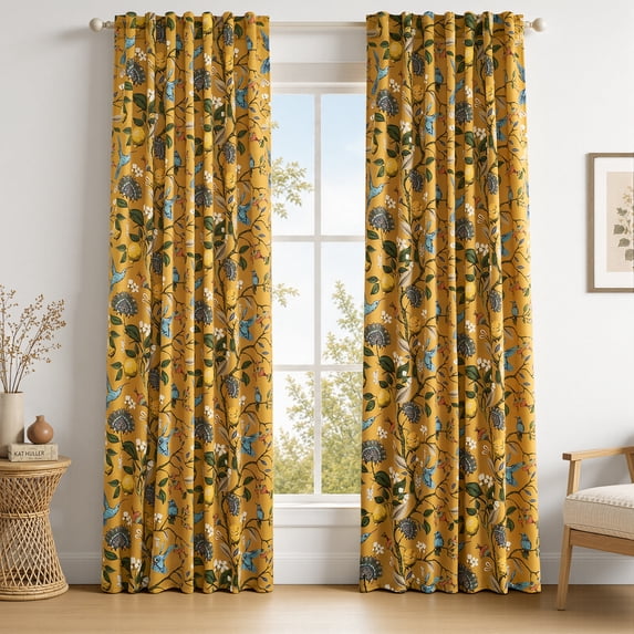 Jainmy Floral Hummingbird Patterned Curtain for Living Room,Modern Farmhouse Window Drapes,Rod Pocket Back Tab,52"x84",Set of 2,Mustard Yellow