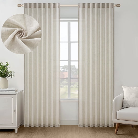 Jainmy Linen Light Filtering Curtainsfor Living Room Bedroom, Rod Pocket Back Tab Semi Sheer Farmhouse Window Drapes, 2 Panels,50x90 inch,Oatmeal