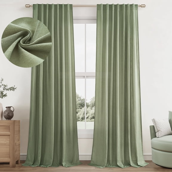 Jainmy Linen Light Filtering Curtainsfor Living Room Bedroom, Rod Pocket Back Tab Semi Sheer Farmhouse Window Drapes, 2 Panels,50x90 inch,Sage Green