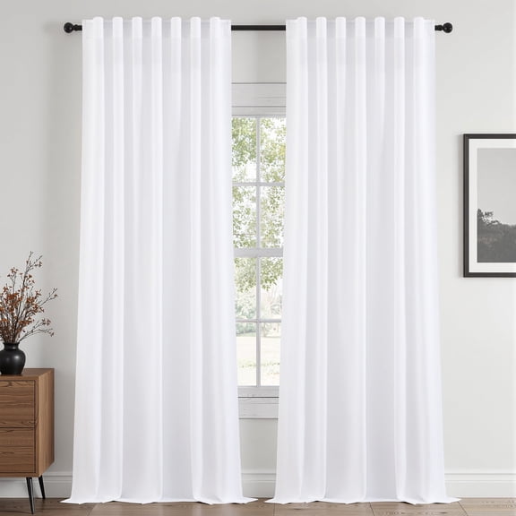 Jainmy Linen-Look Semi-Sheer Curtains, Back Tab Drapes with Hooks Living Room Bedroom ,Set of 2 Panels,52x108 inch,White