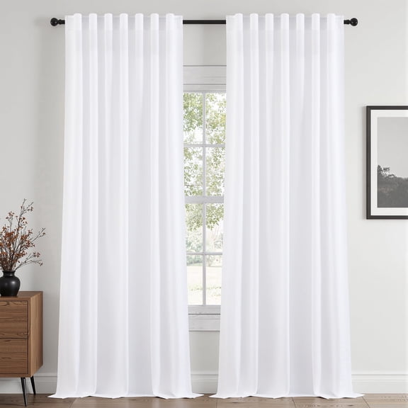 Jainmy White Linen Sheer Curtains 90 Inches Long for Living Room Bedroom, Flax Textured Light Filtering Back Tab Window Curtain, 52"x90", 2 Panels