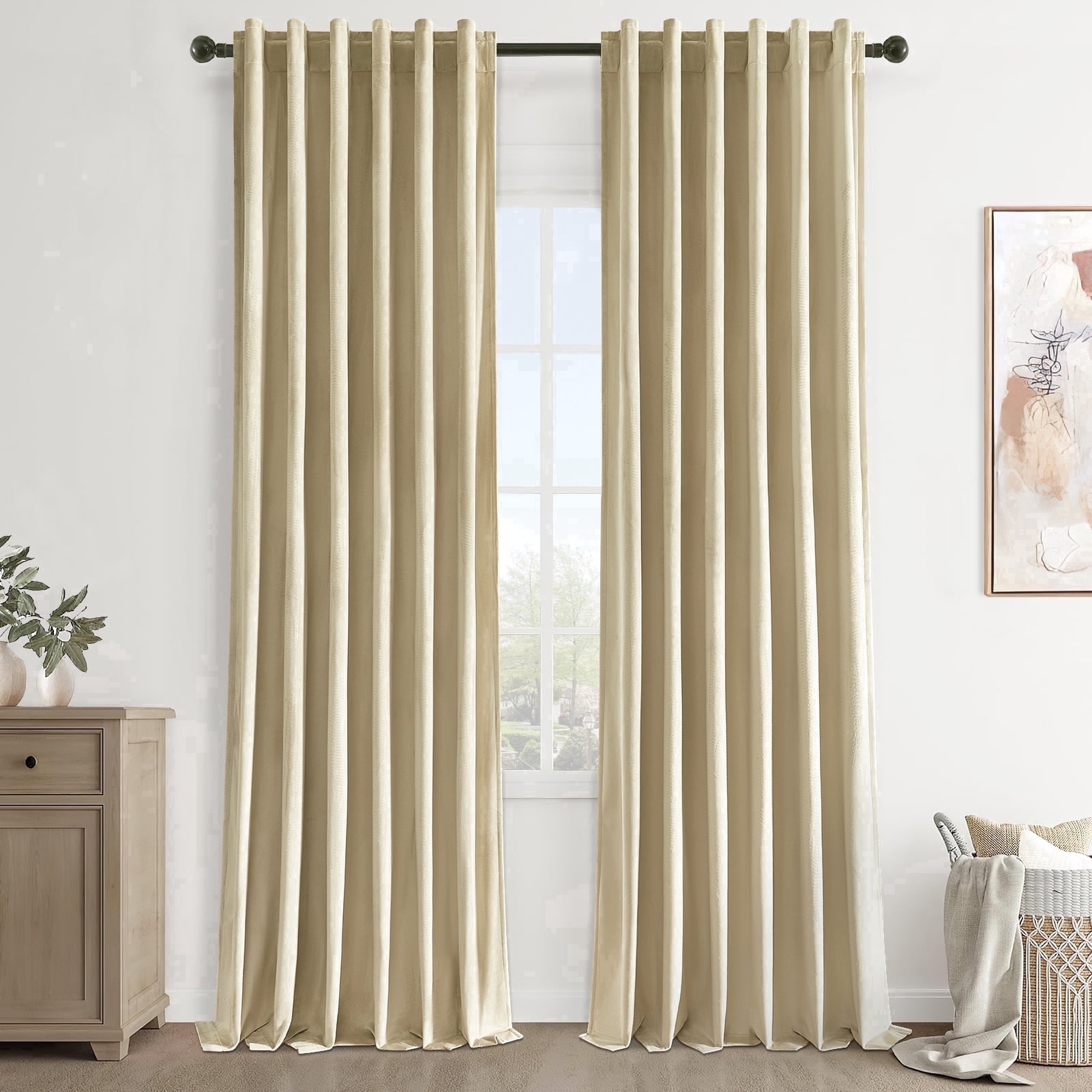 Jainmy Beige Velvet Curtains 108 Inches for Living Room Bedroom Soft Room Darkening Thermal Insulated Back Tab Curtains Drapes,52"x108", 2 Panels