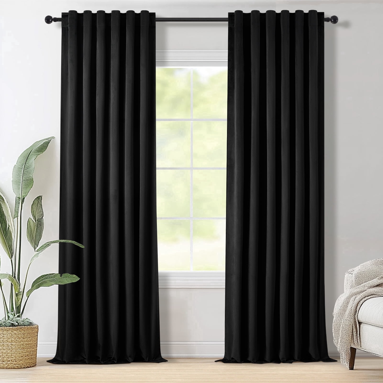 Jainmy Black Velvet Blackout Curtains 84 inch Long for Living Room Bedroom, Thermal Insulated Room Darkening Curtains Drapes Back Tab,52"x84"