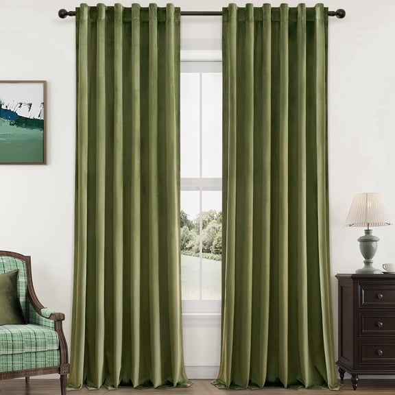 Jainmy Luxury Velvet Blackout Window Curtains,Thermal Insulated Room Darkening Curtain Drapes for Bedroom Living Room,Rod Pocket Back Tab,52x90 inch,Set of 2, Olive Green