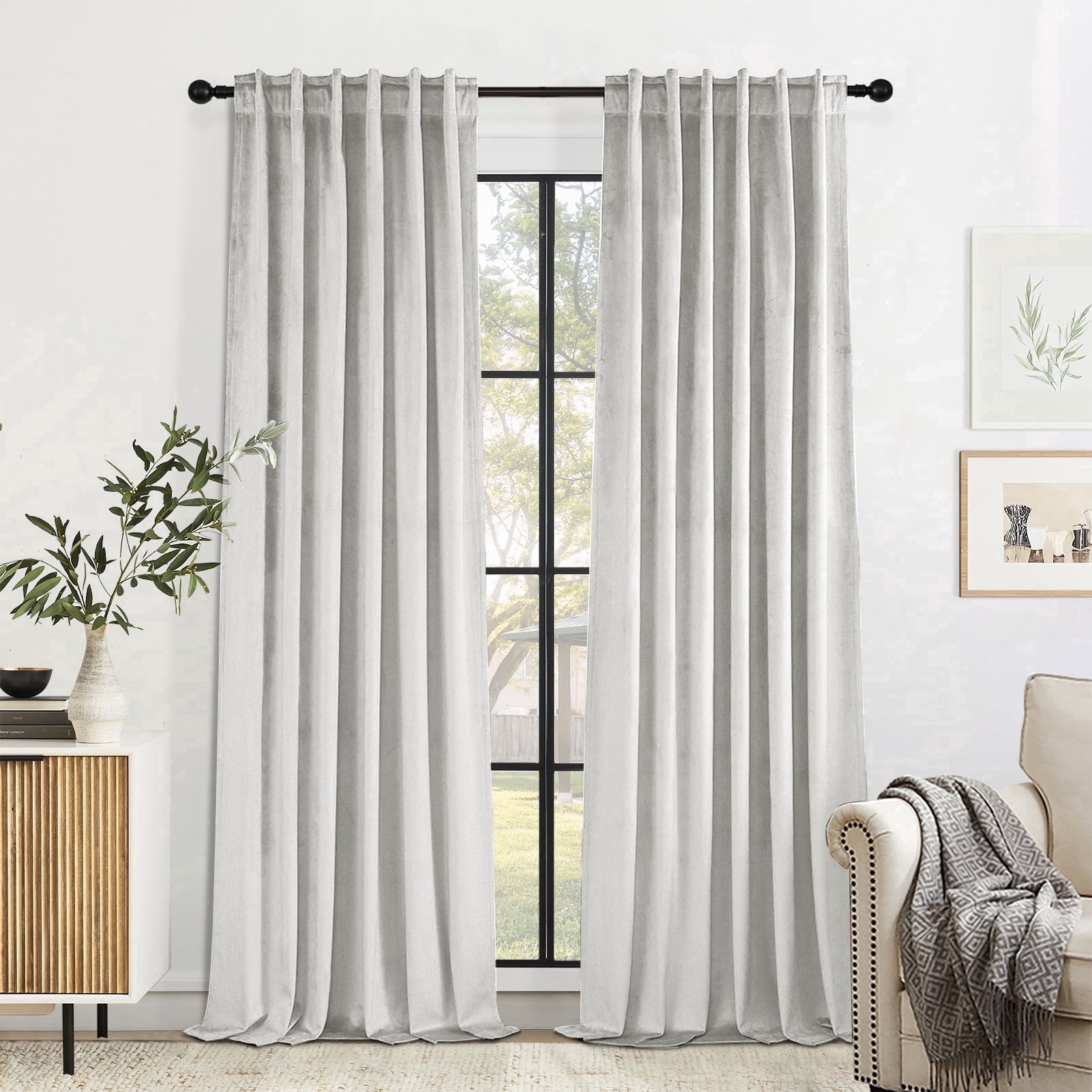 Jainmy Grey White Velvet Curtains 90 Inches for Living Room Bedroom Soft Room Darkening Thermal Insulated Back Tab Curtains Drapes,52"x90", 2 Panels