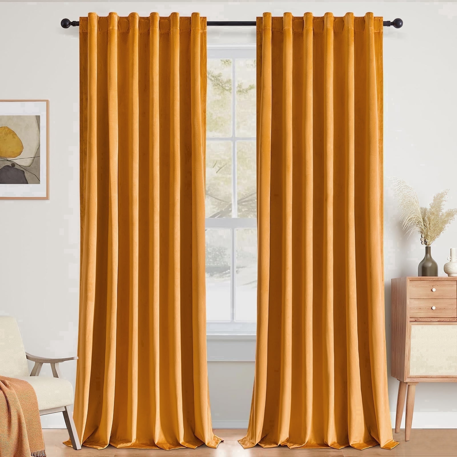 Jainmy Mustard Yellow Velvet Curtains 90 Inch Long for Living Room Bedroom Luxury Room Darkening Blackout Thermal Insulated Back Tab Drapes,52"x90", 2 Panels