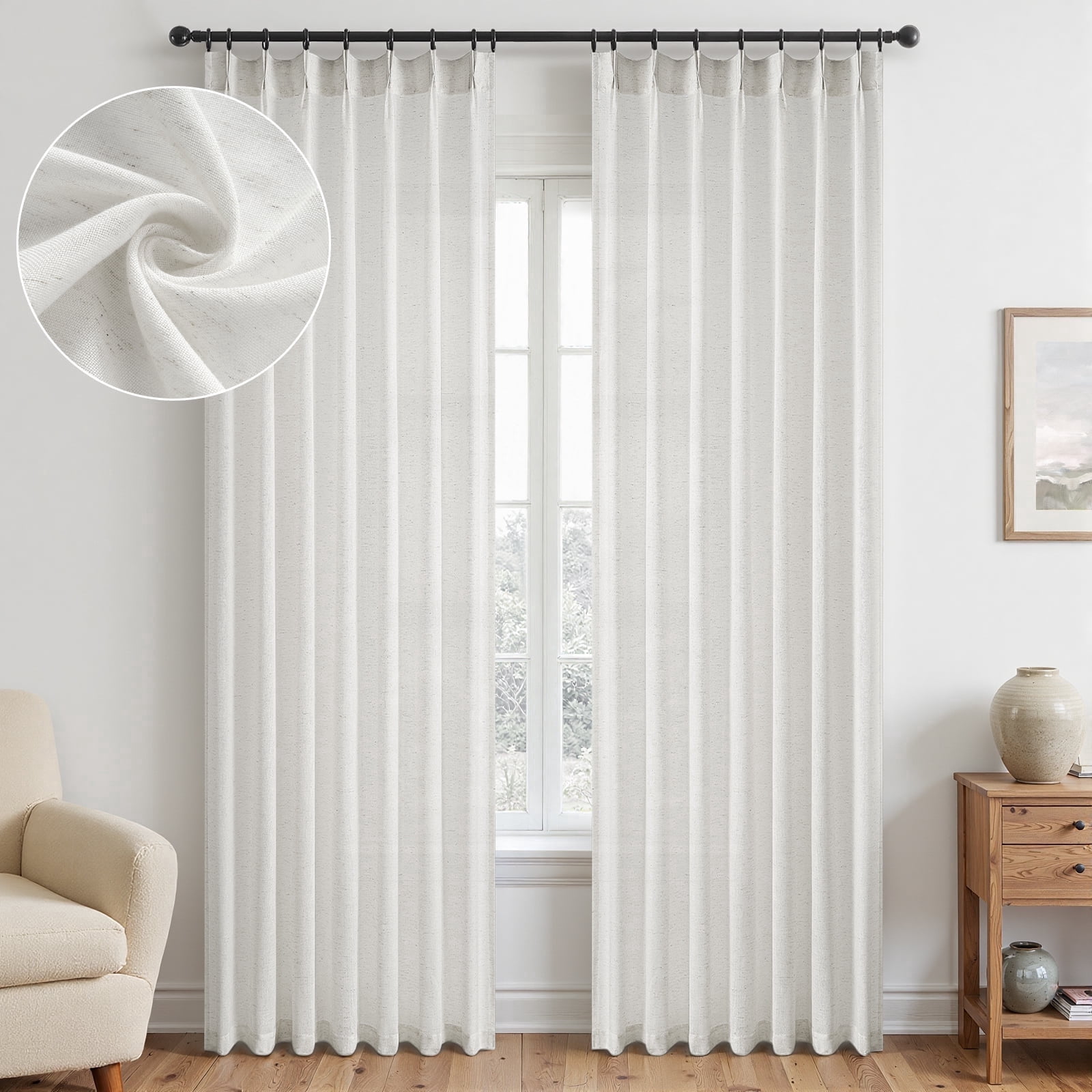 Jainmy Pinch Pleated Linen Curtains, Boho Light Filtering Living Room Bedroom Curtain,Window Treatments with Hook,Natural, 40x90 inch, 2 Panels