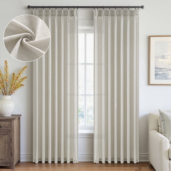Jainmy Pinch Pleated Linen Sheer Curtains 108 inches long panels set of 2 for Living Room Bedroom, Light Filtering Farmhouse Window Curtains with Hooks, 40"×108", Oatmeal