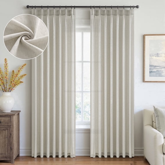 Jainmy Pinch Pleated Linen Sheer Curtains 84 inches long panels set of 2 for Living Room Bedroom, Light Filtering Farmhouse Window Curtains with Hooks, 40"×84", Oatmeal