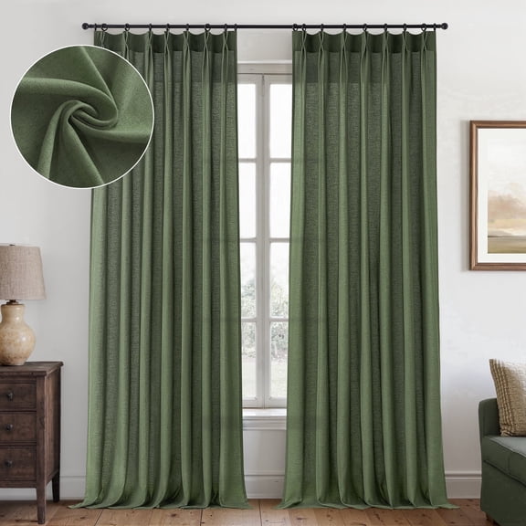 Jainmy Olive Green Pinch Pleated Linen Sheer Curtains 108 inches long panels set of 2 for Living Room Bedroom, Light Filtering Farmhouse Window Curtains with Hooks, 40"×108"