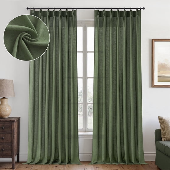 Jainmy Pinch Pleated Linen Curtains, Boho Light Filtering Living Room Bedroom Curtain,Window Treatments with Hook,Olive Green, 40x94 inch, 2 Panels