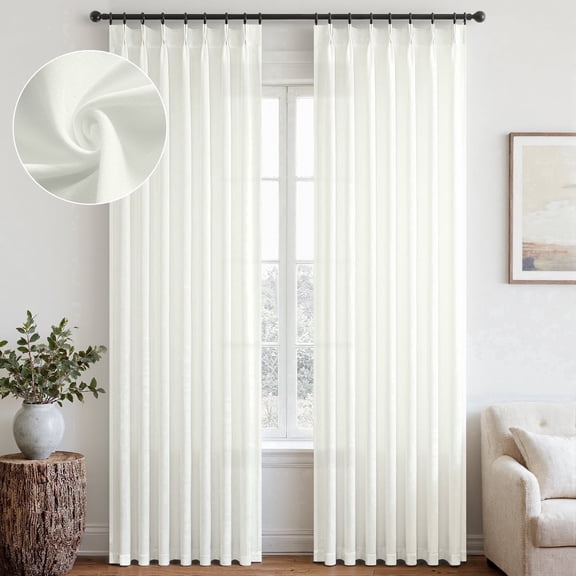 Jainmy Pinch Pleated Linen Sheer Curtains 96 inches long panels set of 2 for Living Room Bedroom, Light Filtering Farmhouse Window Curtains with Hooks, 40"×96", White