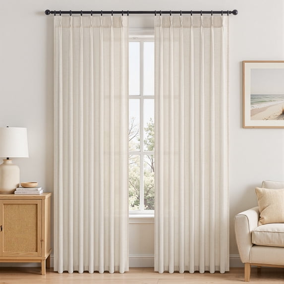 Jainmy Pinch Pleated Linen Sheer Curtains 96 inches long panels set of 2 for Living Room Bedroom, Light Filtering Farmhouse Window Curtains with Hooks, 40"×96", lvoryBeige