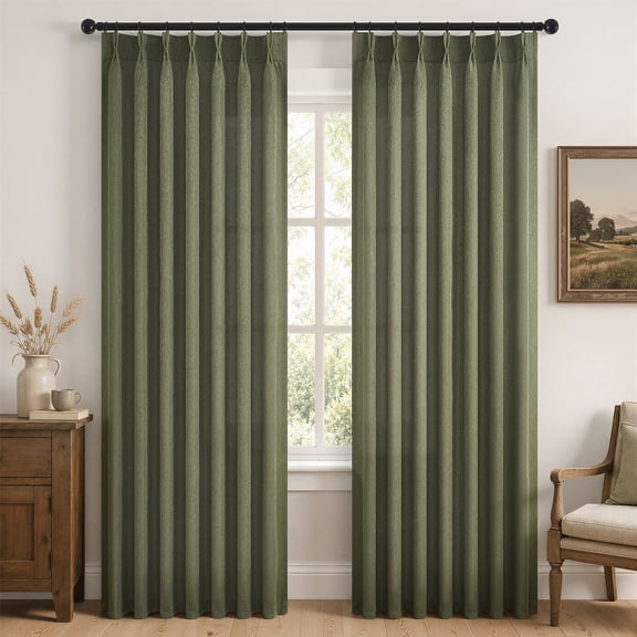 Jainmy Olive Green Pinch Pleated Linen Sheer Curtains 108 inch Length 2 Panels Set, Linen Blend Light Filtering Drapes Curtain Back Tab with Hooks for Living Room Bedroom,40"×108"