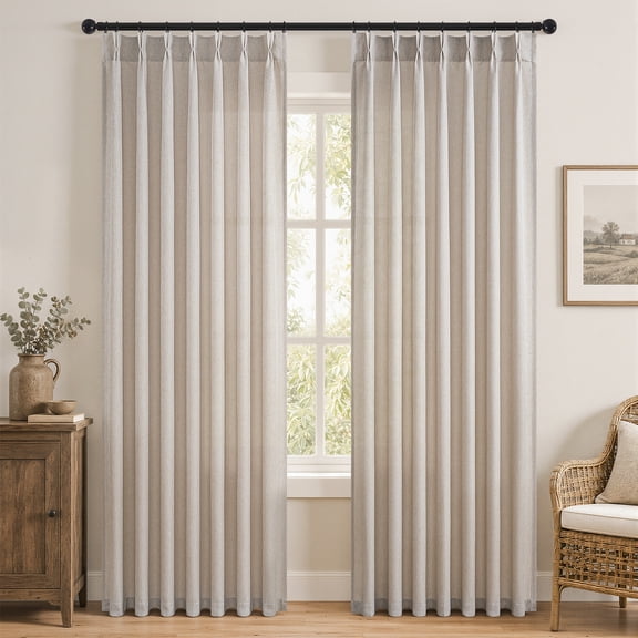 Jainmy Natural Linen Pinch Pleated Curtains 96 inch Length 2 Panels Set for Bedroom Living Room, Light Filtering Farmhouse Drapes with Hooks Memory Trained Pleated Semi Sheer Curtain,40"×96"
