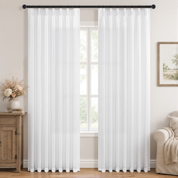 Jainmy White Linen Pinch Pleated Curtains 90 Length 2 Panels Set for Bedroom Living Room, Light Filtering Farmhouse Drapes with Hooks Memory Trained Pleated Semi Sheer Curtain,40"×90"