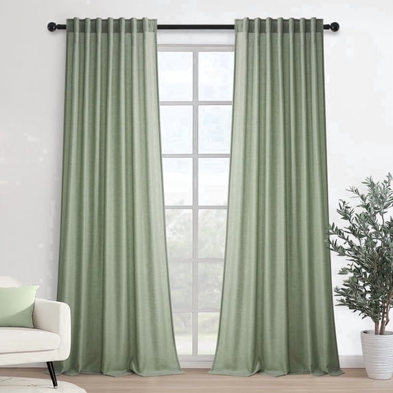 Jainmy Sage Green Linen Semi Sheer Curtains 84 Inches Long for Living room Bedroom Light Filtering Window Curtains Farmhouse Country Back Tab Drapes,52"x84", 2 Panels