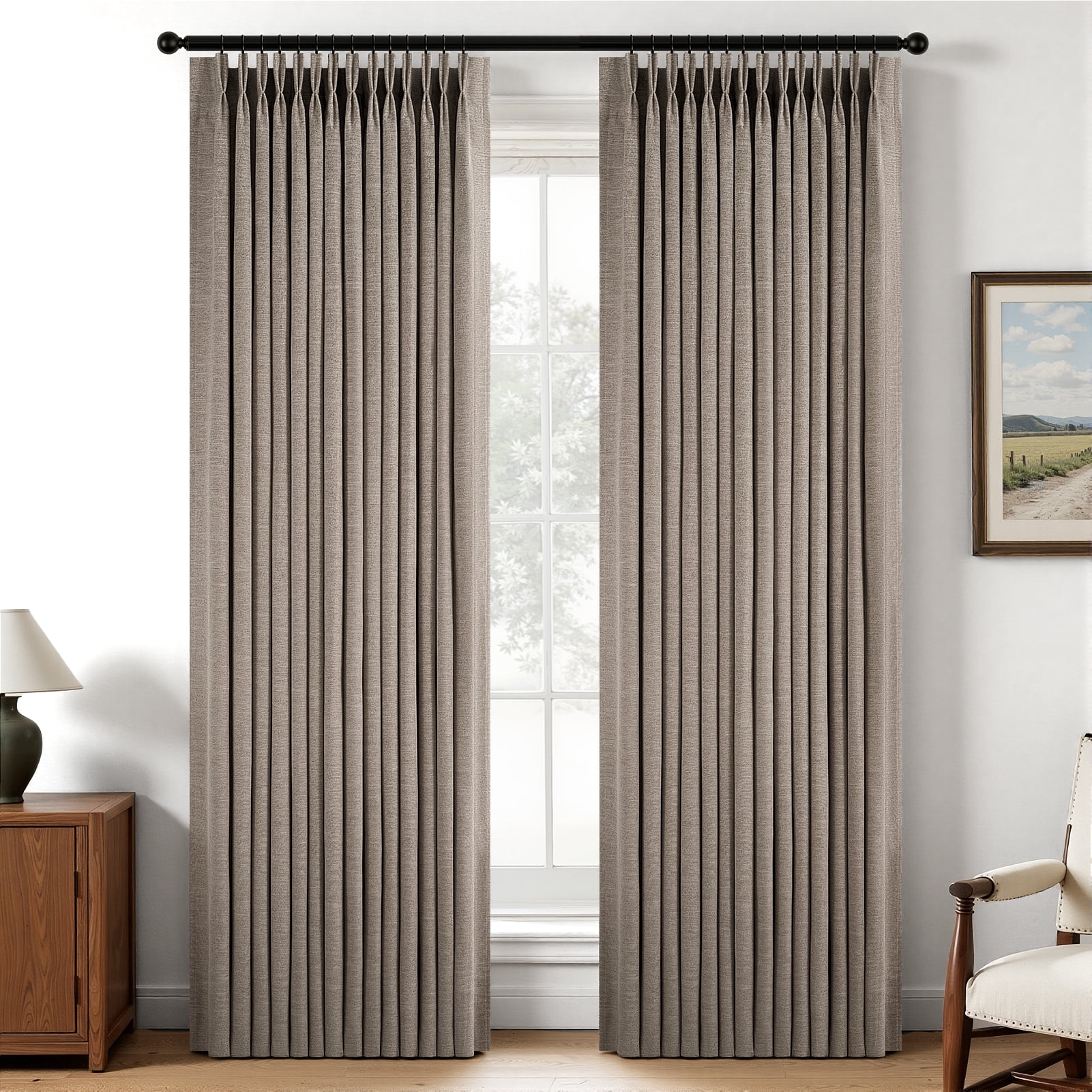 Jainmy Total Blackout Pinch Pleated Curtain for Livingroom Bedroom,Faux Linen Light Blocking Room Darkening Drapes,2 Panels Set,40''W×84''L,Darkflax