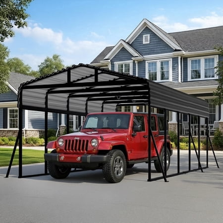 Sylviera 12x25ft Heavy-Duty Metal Carport, Outdoor Car Port Canopy with Reinforced Iron Frame, All-Weather Shelter for Cars, Trucks & Boats, Easy Assembly