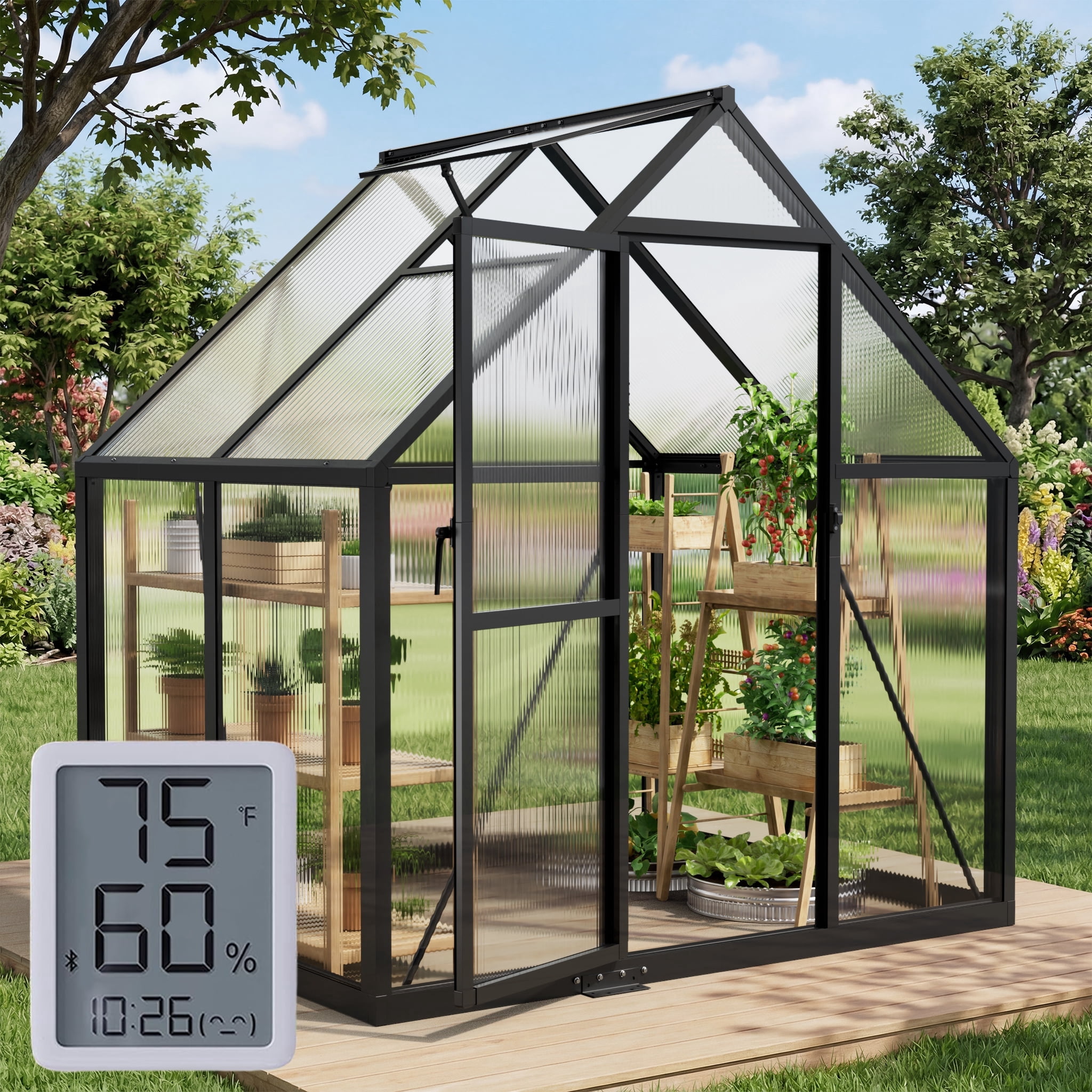 Jaioo 6x4FT Walk-in Outdoor Greenhouse for Garden Heavy-Duty，Reinforced Aluminum Frame, UV-Resistant Polycarbonate Panels, Built-in Thermometer & Hygrometer, All-Weather Durable Plant House