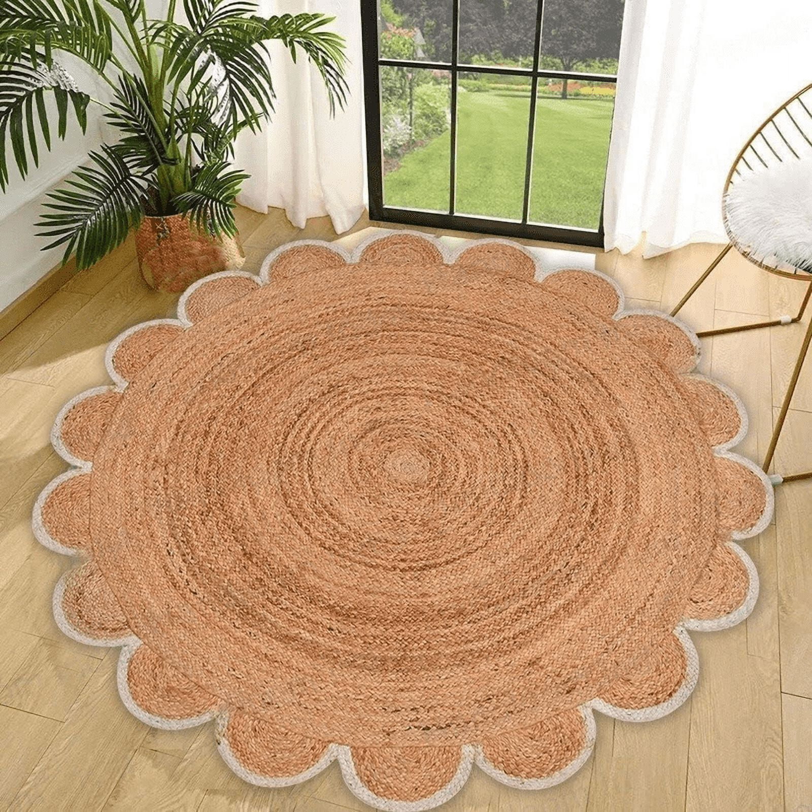 Jaipur Art And Craft Area Rug Natural Round Jute Rug Handmade Bohemian Style Braided Brown Color Rug (5x5 Sq Ft)
