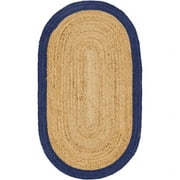 Jaipur Art And Craft Beige with Blue Border Handmade Oval Braided Reversible Jute Area Rug Rug Size - (5x8 Sq Feet), (60x96 Inches), (150x240 CM)