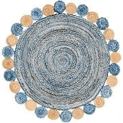 Jaipur Art And Craft Handmade Boho Braided Round Blue Beige Jute, Cotton Area Rug (10x10 Sq ft)