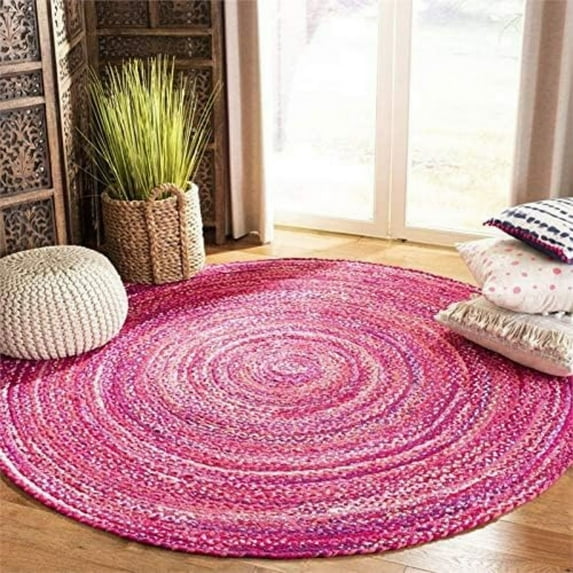 Jaipur Art And Craft Handmade Braided Bohemian Pink Cotton Area Rug Home Décor Reversible Carpet (5x5 Sq Ft)