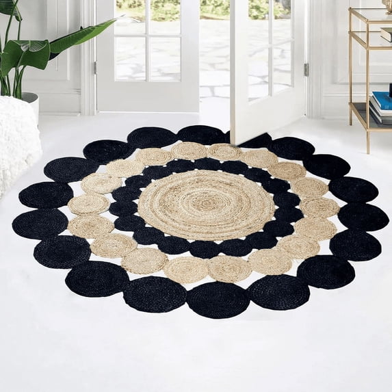 Jaipur Art And Craft Handmade Indian Natural Jute Rug Geometric Beige and Black Round Area Rug (10x10 Sq Ft)