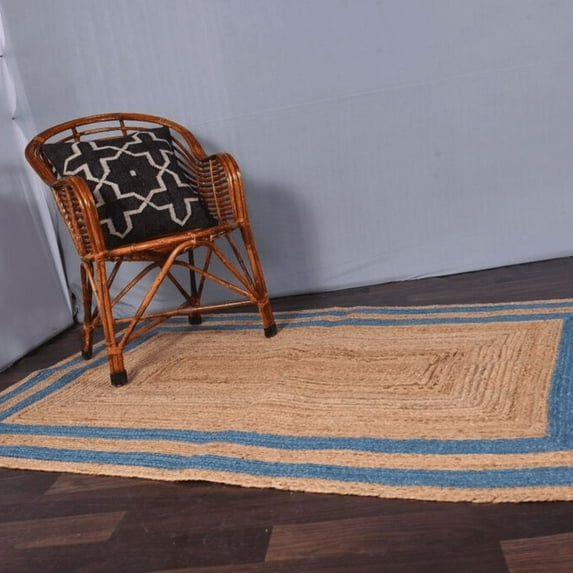 Jaipur Art And Craft Jute Beige with Blue Border Carpet Runner Runner Area Rug (2x8 Sq ft)