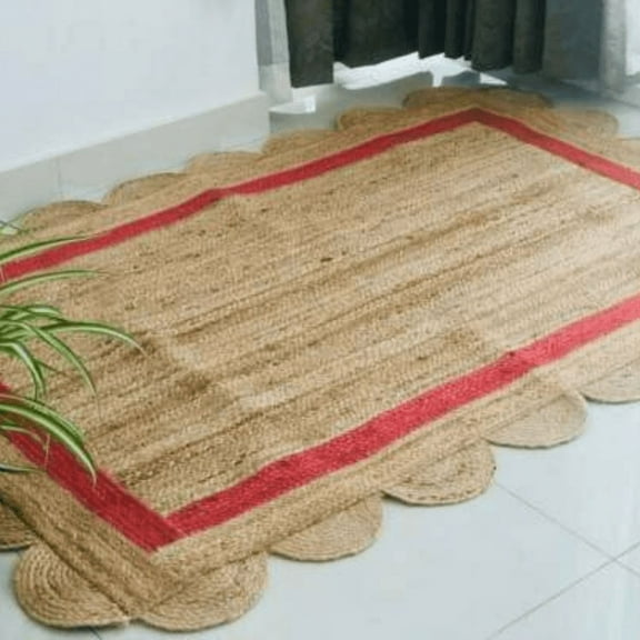 Jaipur Art And Craft Jute Scallop Beige Red Border Hand Woven Decorative Area Rug (9x12 Sq ft)