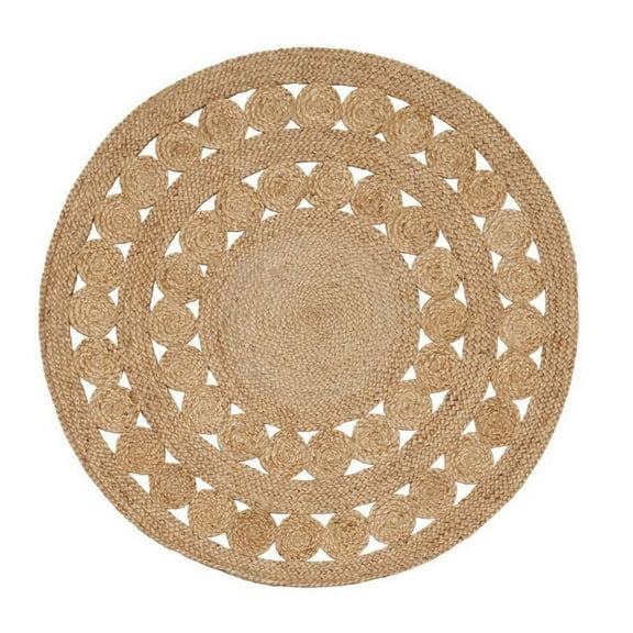 Jaipur Art And Craft Natural Beige Round Jute Rug Indian Handmade Area Rug Bohemian Style Braided Carpet (6x6 Sq Feet)
