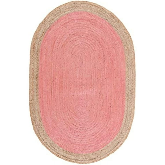 Jaipur Art And Craft Pink with Beige Border Handmade Oval Shape Braided Reversible Jute Area Rug Rug Size - (12x15 Sq Feet), (144x180 Inches), (360x450 CM)