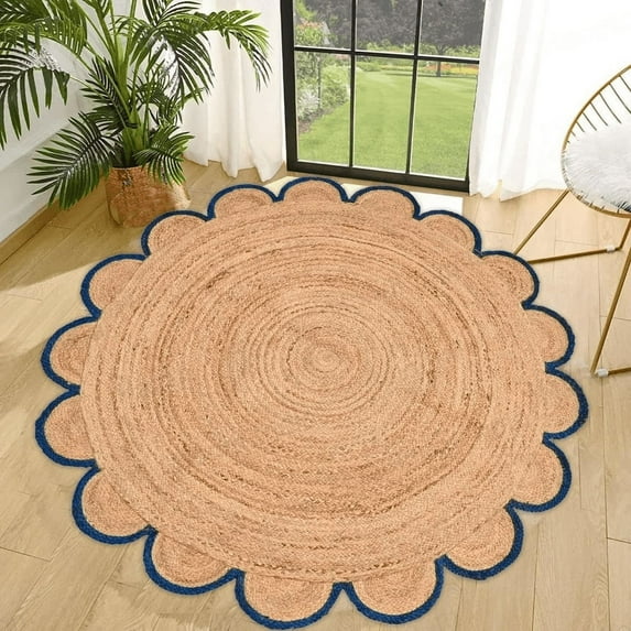 Jaipur Art And Craft Round Brown Jute Area Rug Indian Natural Handmade Home Décor Bohemian Design (7x7 Sq Ft)