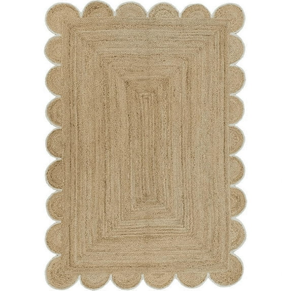 Jaipur Art And Craft Scalloped Beige White Border Rectangle Handmade Jute Area Rug (9x10 Sq ft)
